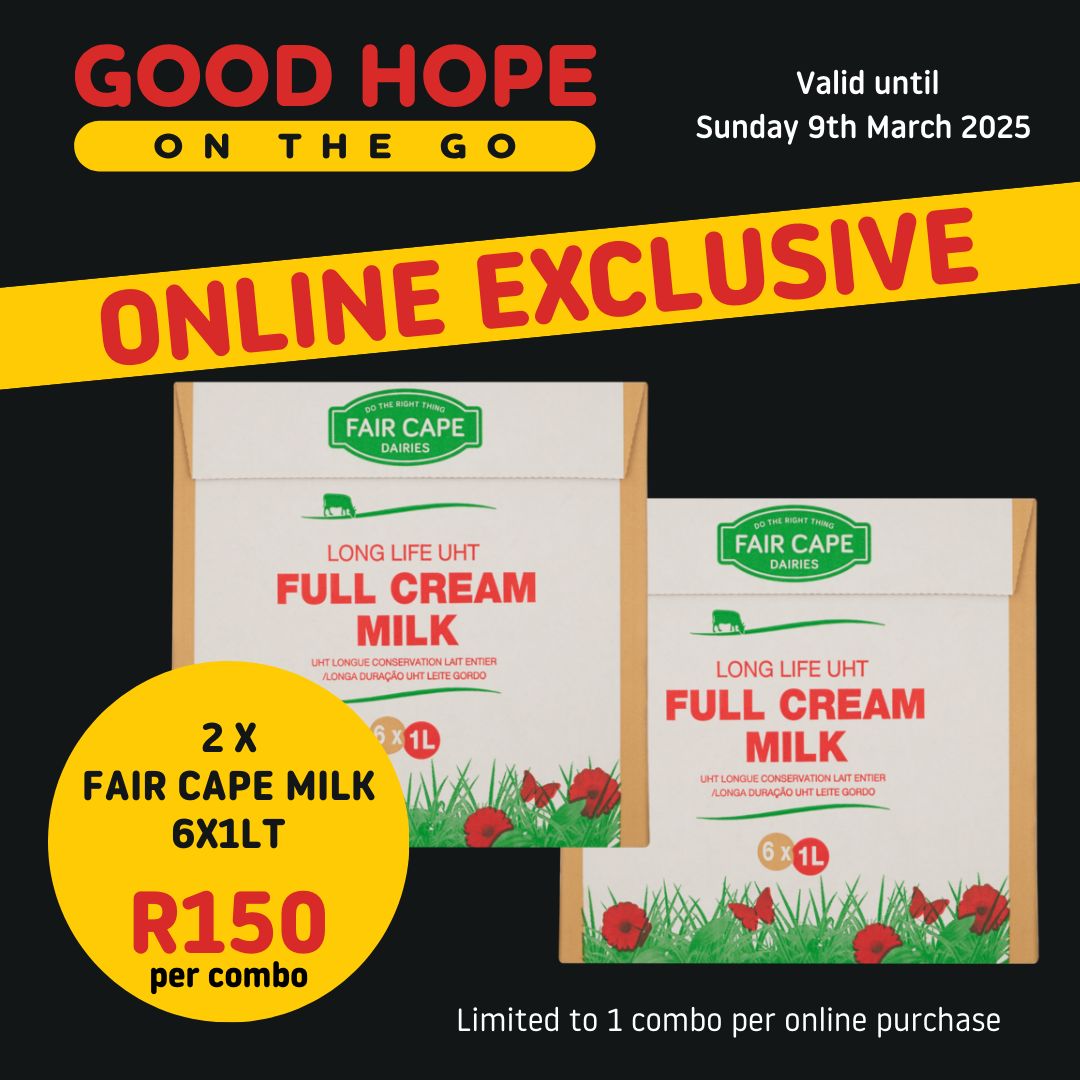 goodhopemeat's tweet photo. ๐ฅONLINE EXCLUSIVE DEAL! ๐ฅ
2 x FairCape Full Cream Milk for ONLY R150!
Stock up NOW before it's gone! โ DONโT MISS OUT!
SHOP NOW: https://t.co/81VUSgotob
#Hurry #ShopNow #GoodHopeOnTheGo #ShopNow #GoodHopeMeatHyper #foodies #FreshandDelicious #TheButcherWhoCares https://t.co/79Pf4uZh6E