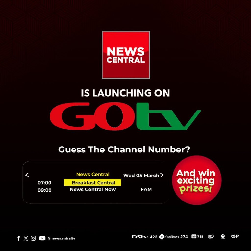 Take a video of yourself watching NewsCentral on GoTv and win small thing from me. 

Might be rice. Might be data. Might be money. Who knows… 😀

NewsCentral will go live on GoTv by 9am today. 

I will pick just 5 persons. 🙏. To make it fair, I will pick the comment with the