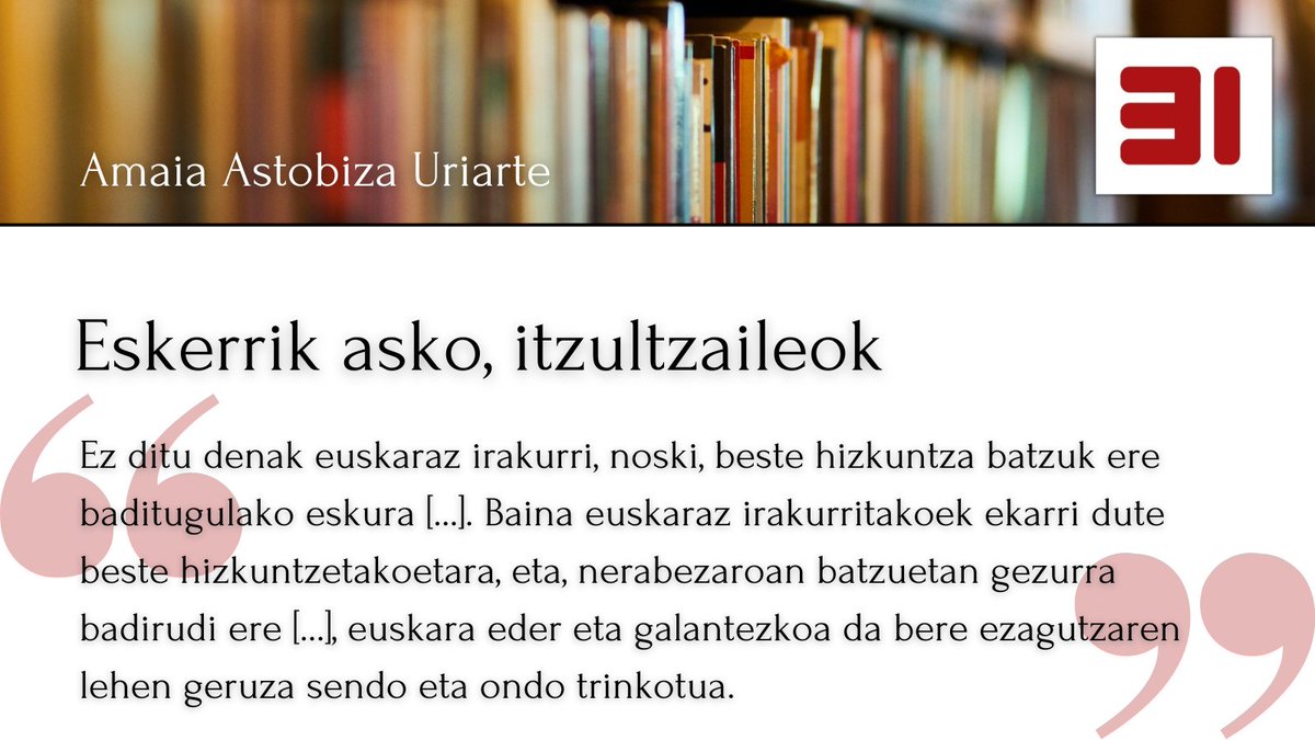31 eskutik (@31_eskutik) on Twitter photo Gaur, gure blogean, "Eskerrik asko, itzultzaileok", Amaia Astobizak (<a href="/AmaiAsto/">Amaia Astobiza Uriarte</a>) idatzitako artikulua:
31eskutik.eus/2025/03/05/esk… Gaur, gure blogean, "Eskerrik asko, itzultzaileok", Amaia Astobizak (<a href="/AmaiAsto/">Amaia Astobiza Uriarte</a>) idatzitako artikulua:
31eskutik.eus/2025/03/05/esk…
