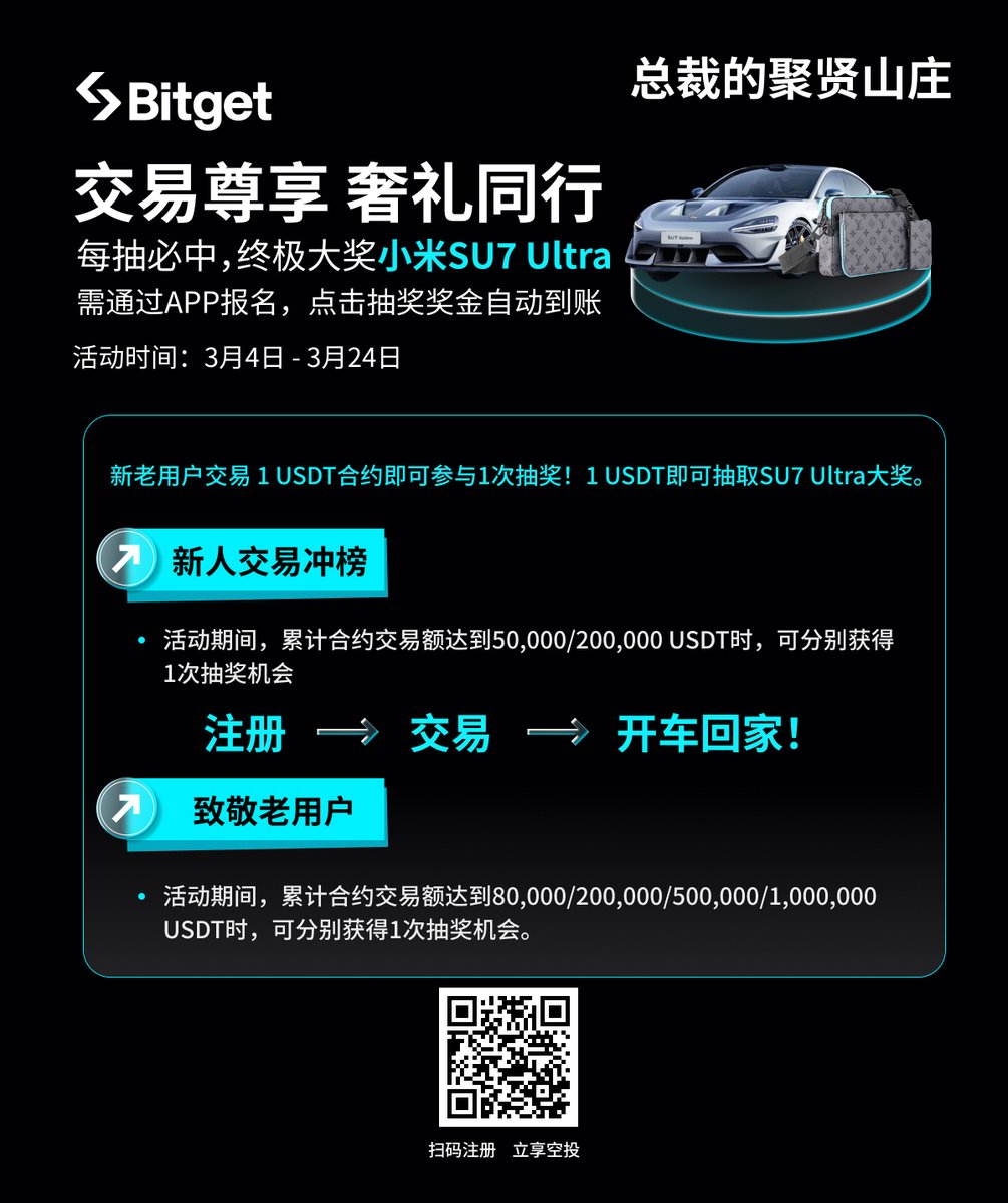 比特币总裁 (@chairbtc) on Twitter photo Bitget抽奖活动来了 #抽奖 #小米汽车
新老用户合约交易1U以上可参与抽奖
每抽必中,大奖能获得小米SU7豪车
通过app报名,点击抽奖即可
另外关注我和 <a href="/Jeffbitget/">Jeff@Bitget</a>
转发评论,抽3人赠送Bitget 卫衣
注册Bitget,可获得40%永久性返佣(邀请码:tars)
partner.bitget.fit/bg/tars Bitget抽奖活动来了 #抽奖 #小米汽车
新老用户合约交易1U以上可参与抽奖
每抽必中,大奖能获得小米SU7豪车
通过app报名,点击抽奖即可
另外关注我和 <a href="/Jeffbitget/">Jeff@Bitget</a>
转发评论,抽3人赠送Bitget 卫衣
注册Bitget,可获得40%永久性返佣(邀请码:tars)
partner.bitget.fit/bg/tars