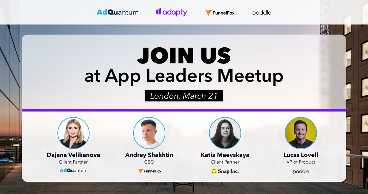 Join us for an exclusive evening of networking &amp; top app growth insights!  

📍 London 
📅 March 21, 2025
⏰ 5:00 PM - 9:00 PM

Secure your spot now! 👉 adapty.io/the-london-app…

<a href="/adapty/"></a> <a href="/Funnelfoxhq/">FunnelFox</a> <a href="/PaddleHQ/">Paddle</a> <a href="/Snapchat/">Snapchat</a>