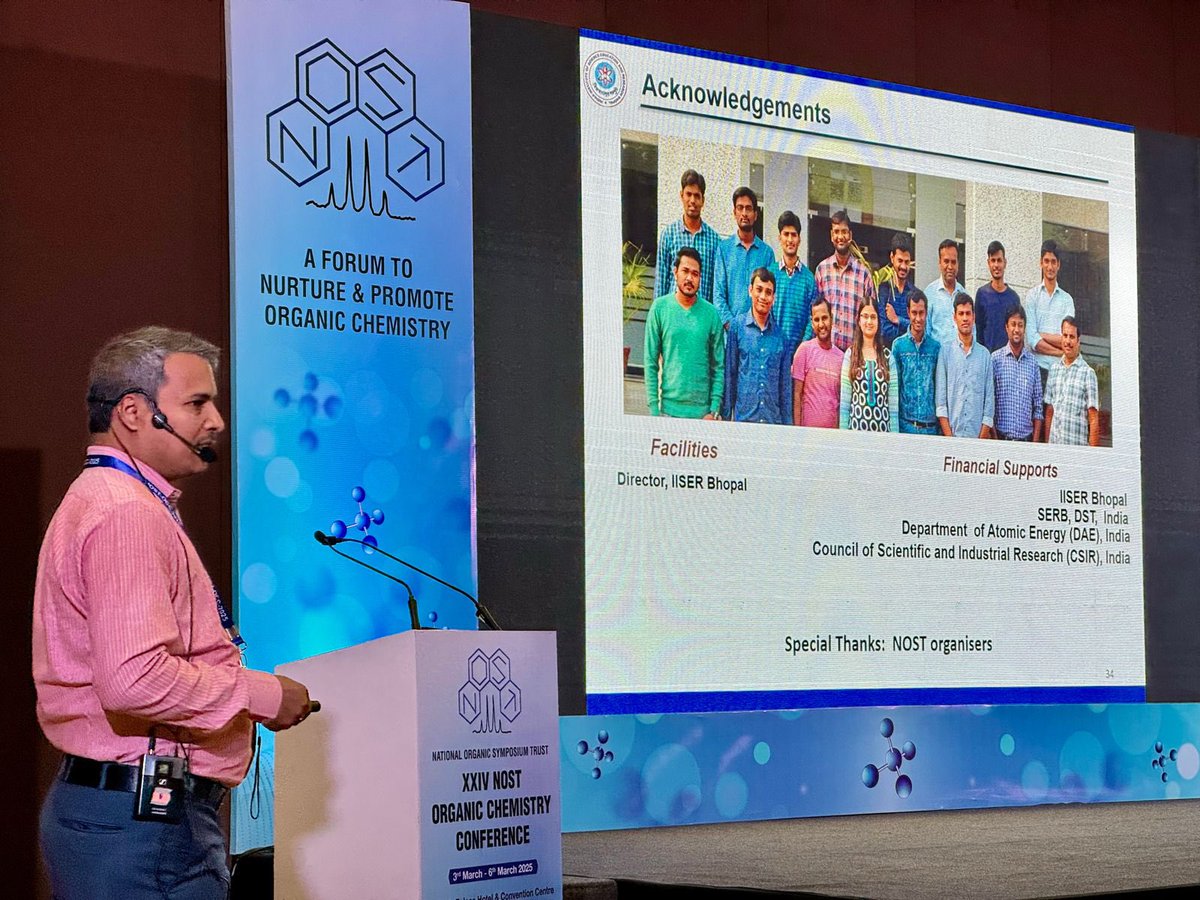 Prof. Prasanta Ghorai (IISER Bhopal) delivered an insightful talk at #NOSTOCC2025 on "Bifunctional Organocatalytic Michael Additions as the Key Strategy: Enantioselective Synthesis of Fused and Spirocyclic Organic Molecules." Precision meets complexity in asymmetric synthesis!