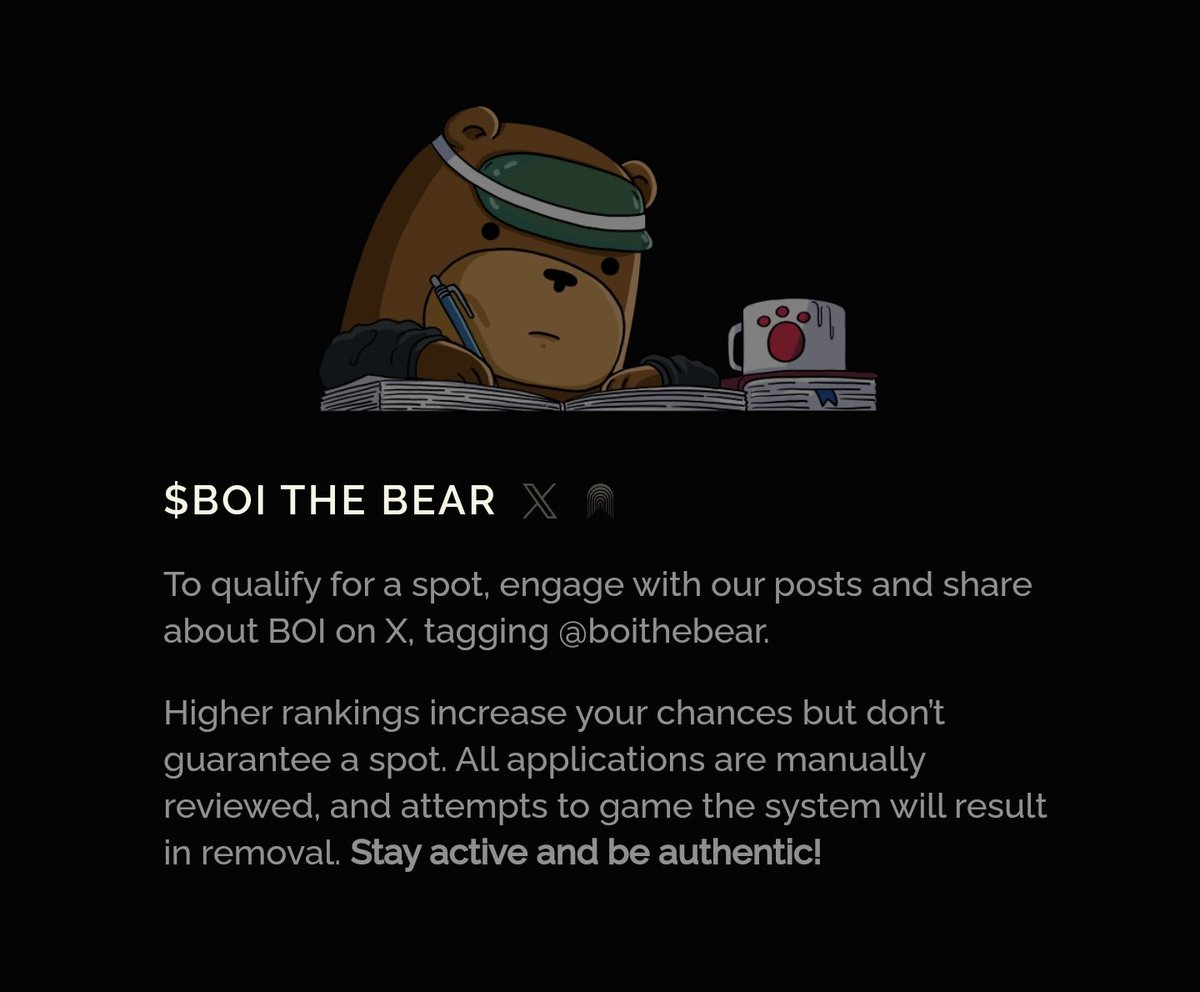_Jaredad's tweet image. This is your chance to get into one of the fairest round of  presale @Boithebear launching soon.

How do you get in, it is dman too easy

1. Login to the website &amp;amp; connect ur X account 
boithebear.com

2. Create post on X about $BOI bear, ensure you tag their X account
