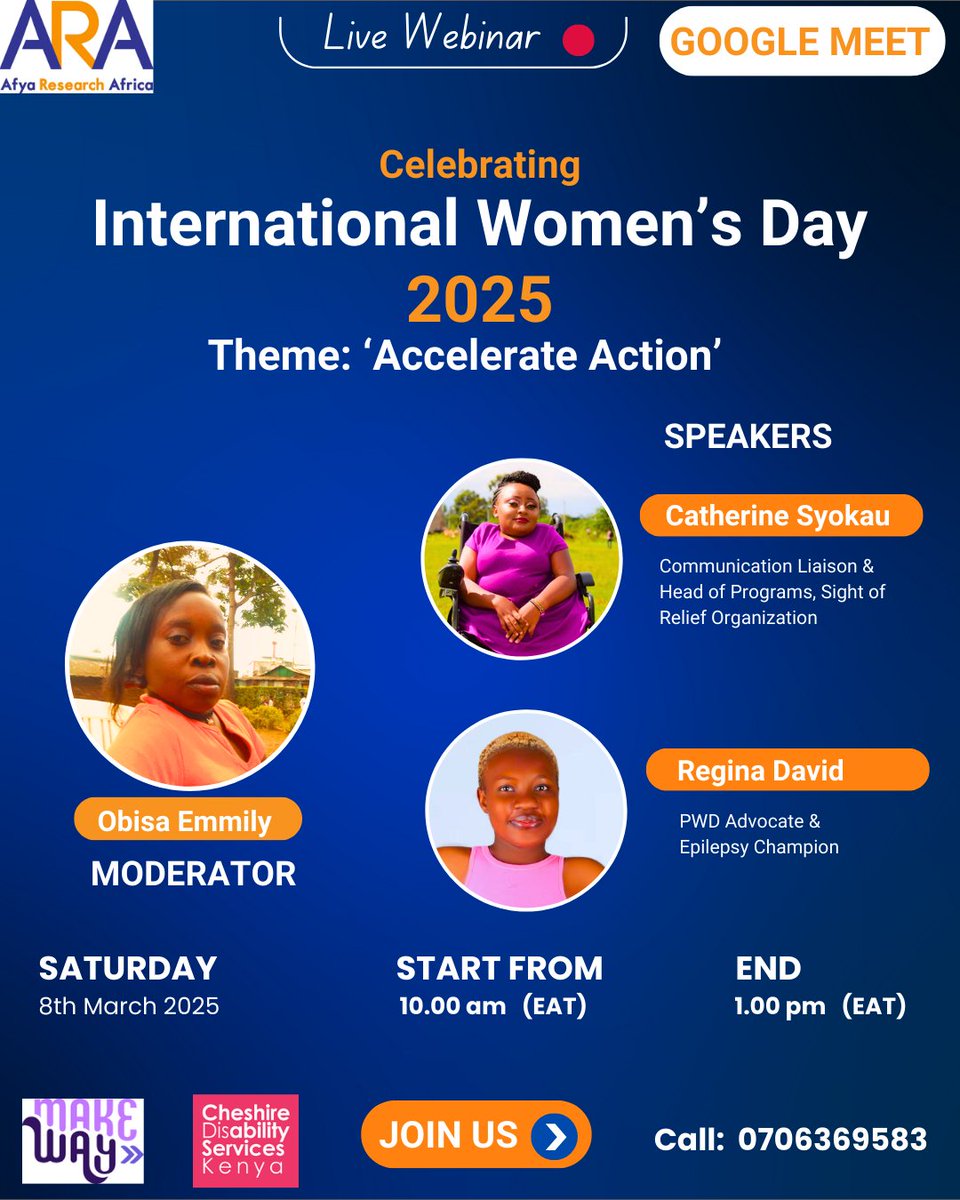 On #IWD2025  <a href="/AfyaResearch/">Afya Research Africa</a>  will be hosting a Google Meet session led by women with disabilities, sharing lived experiences and driving real action toward inclusion and equality. <a href="/CDisability/">Cheshire Disability Services Kenya</a> 
Date: 8 March 2025
Link: meet.google.com/fjc-jtvd-qag
Time: 10.00am-1.00pm