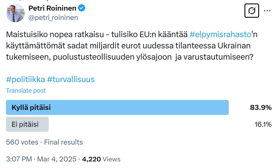 petri_roininen's tweet image. Kiitos eilisillan 560 vastaajalle.

EU:lla on resursseja - kyetäänkö käyttämään.

Pikaratkaisu kääntää #elpymisrahasto turvallisuusrahastoksi, voisi olla yksi mahdollisuus.

#politiikka #turvallisuus #talous
