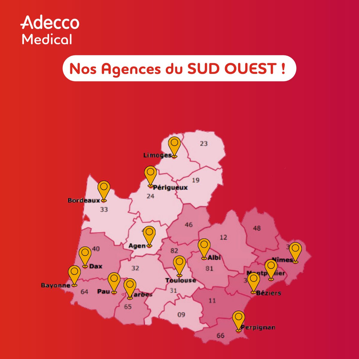 🚑 Adecco Medical : Toujours plus proches de vous !

En région Sud-Ouest, nos agences vous accompagnent : Bordeaux, Limoges, Pau, Toulouse, et plus.

📞 Contactez-nous au 0800 007 006 ou en agence : bit.ly/41mnEv9