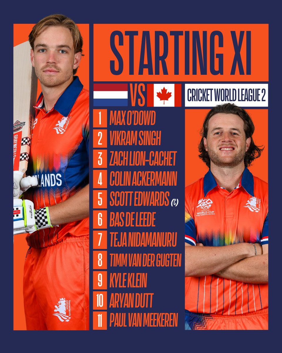📝 Netherlands XI &amp; Toss Update

🪙 Netherlands win the toss and choose to field first.

✅ Zach Lion-Cachet makes his ODI debut.
✅ Teja Nidamanuru reaches 50 caps for the Dutch.
✅ Paul van Meekeren reaches 100 caps for the Dutch.

#CANvNED #CWCL2 #DutchCricket