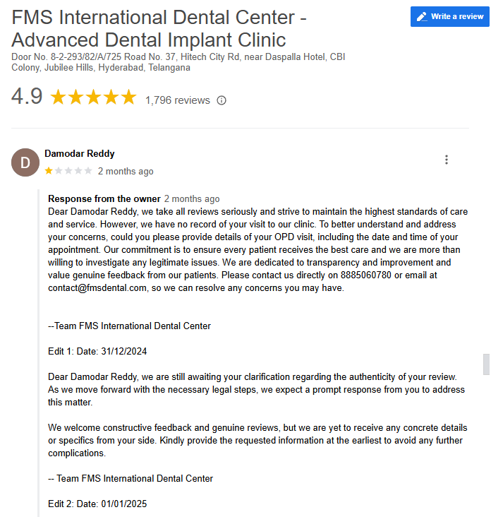 FMSDH's tweet image. @GoogleIndia @googlemaps @googlesearchc @Google  @googlesupport We believe these negative reviews on our dental clinic’s profile are potentially targeted ones. Can you please investigate and remove them? Appreciate your help! Attaching screenshots. #GoogleReviews #BusinessSupport