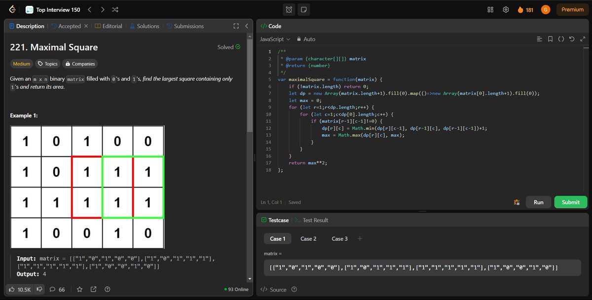 coding_ez24105's tweet image. Wrapping up another set of challenges! 🚀
Today’s solved problems:
✏️ Edit Distance
📈 Best Time to Buy and Sell Stocks III
📊 Best Time to Buy and Sell Stocks IV
🔲 Maximum Square
Pushing forward, one problem at a time! 💪🔥
#LeetCode #CodingJourney #InterviewPrep #Top150