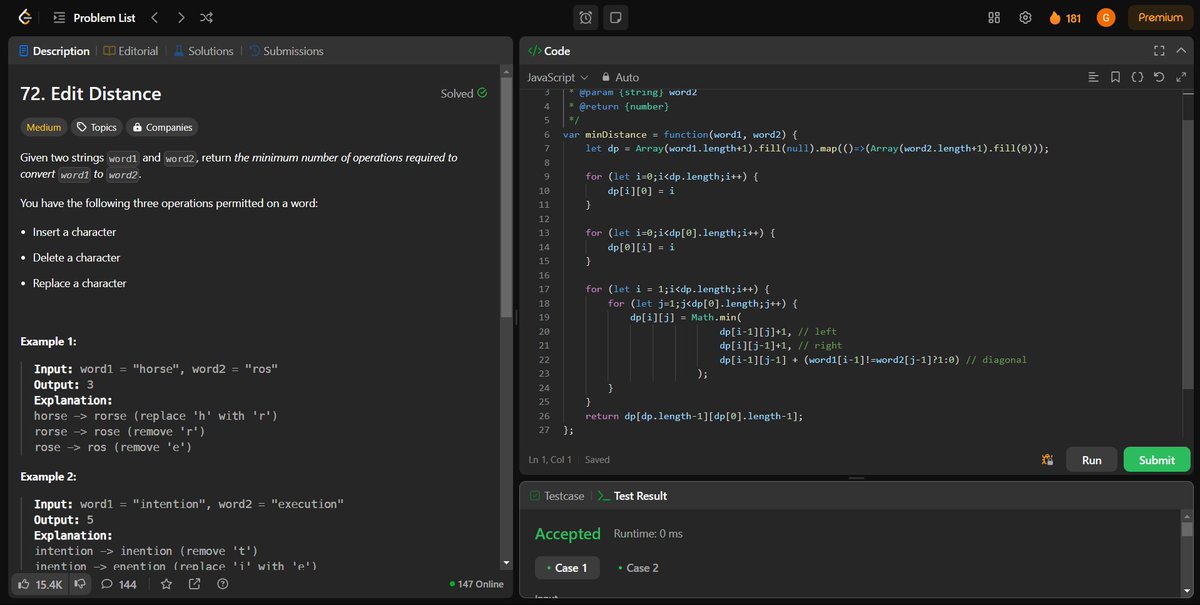 coding_ez24105's tweet image. Wrapping up another set of challenges! 🚀
Today’s solved problems:
✏️ Edit Distance
📈 Best Time to Buy and Sell Stocks III
📊 Best Time to Buy and Sell Stocks IV
🔲 Maximum Square
Pushing forward, one problem at a time! 💪🔥
#LeetCode #CodingJourney #InterviewPrep #Top150