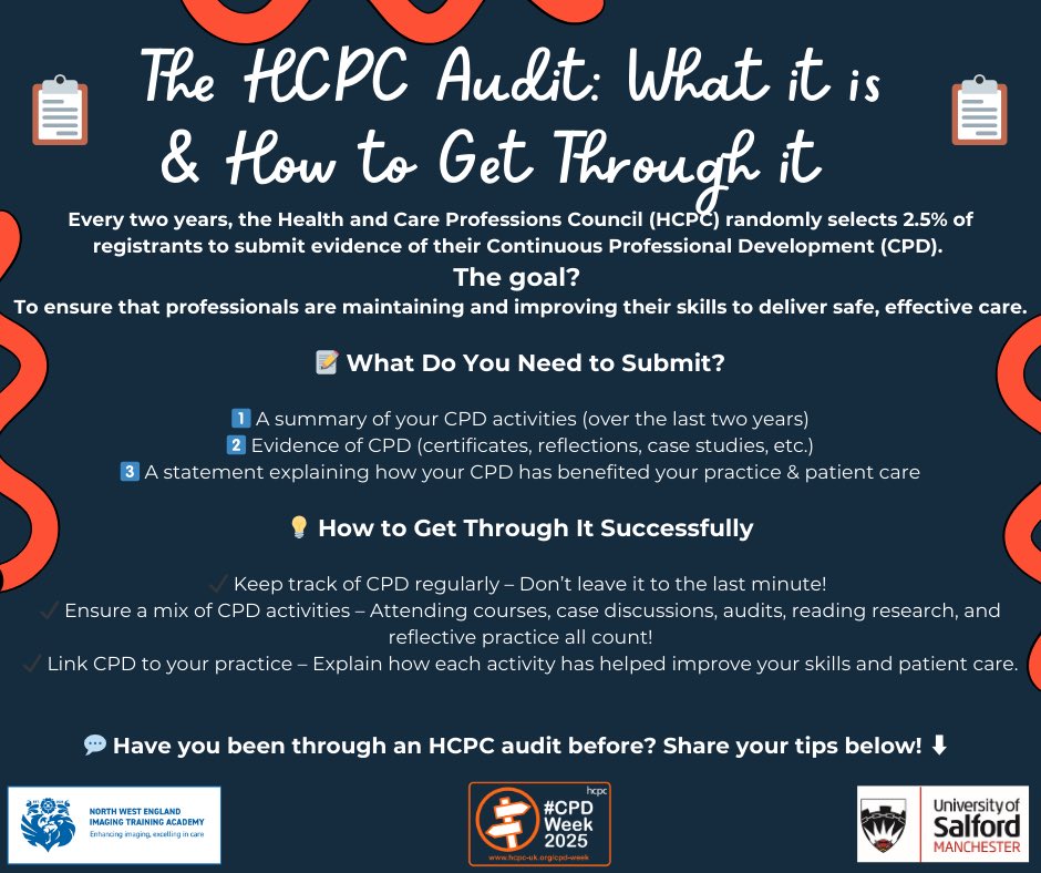 Laura Kelly (@lauradkellyrad) on Twitter photo Having been selected for CPD audit I can definitely speak from experience on this one!
My top tip is to keep track of CPD regularly as well as documenting and reflecting immediately after the event.
What is your top tip?
#hcpc #cpdweek2025 #radiography #cpd <a href="/SalfordUni/">University of Salford</a> Having been selected for CPD audit I can definitely speak from experience on this one!
My top tip is to keep track of CPD regularly as well as documenting and reflecting immediately after the event.
What is your top tip?
#hcpc #cpdweek2025 #radiography #cpd <a href="/SalfordUni/">University of Salford</a>