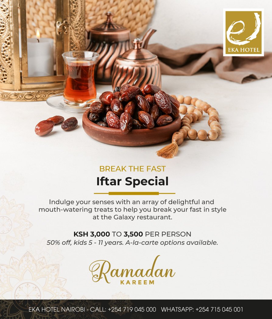 Break the fast with our Iftar Special!

Indulge your senses with an array of delightful and mouth-watering treats to help you break your fast in style at the Galaxy restaurant.

Set menu at KSh. 3,500 per person, buffet menu Ksh. 3,000 per person with 15 pax minimum reservation.