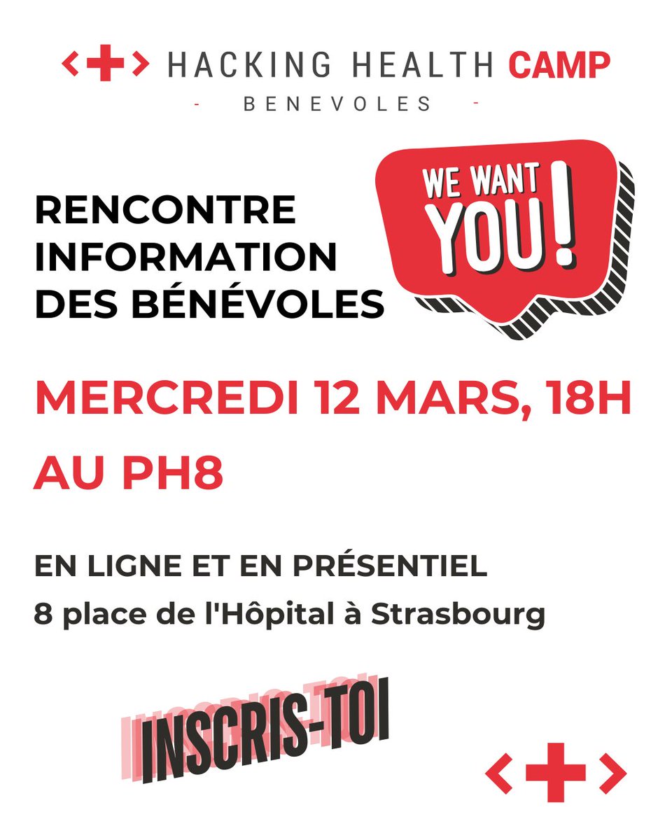Rejoins l'équipe 😍 🤟
❤️ Aide-nous à faire avancer la santé, deviens bénévole du Hacking Health Camp !

RENCONTRE D'INFORMATION MERCREDI 12 MARS, 18H
AU PH8, EN LIGNE ET EN PRÉSENTIEL
8 place de l'Hôpital à #Strasbourg

Inscris-toi 👇
bit.ly/HHCBenevole2025

#HHCAMP