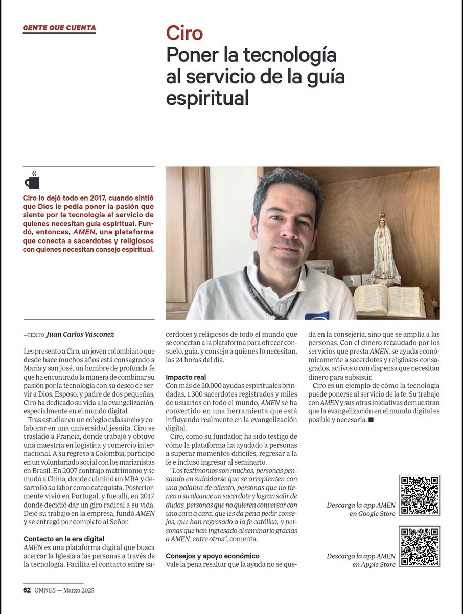 Omnes presentó al fundador de AMEN quien decidió poner la tecnología al servicio de quienes necesitan ser escuchados, una guía espiritual, un consejo y conectar 24/7 a sacerdotes y religiosos con quienes necesitan consuelo y ayuda espiritual: amenapps.com/36193-mensajes…