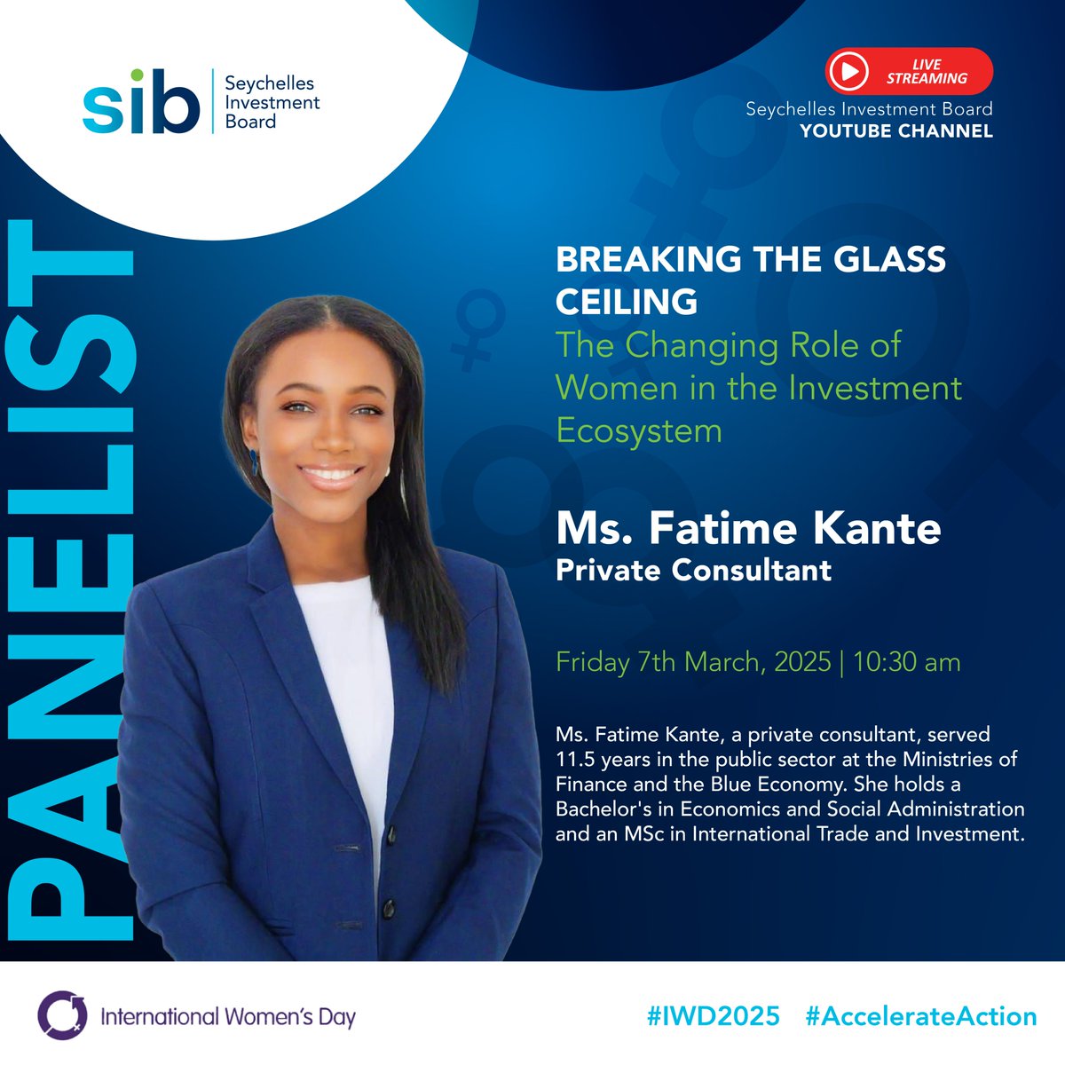 Meet Ms. Fatime Kante, a seasoned expert with 11.5 years in the public sector, now a private consultant, brings her wealth of knowledge in finance, trade, and the blue economy to the panel discussion. Let’s inspire change and accelerate action! 💜 #IWD2025 #AccelerateAction