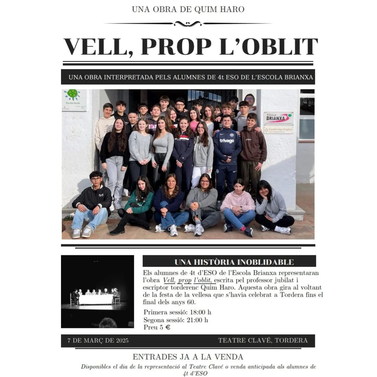 Ajuntament de Tordera (@aj_tordera) on Twitter photo 🎭Aquest divendres 7 de març l'escenari del <a href="/TeatreClave/">Teatre Clavé</a> acollirà l'obra de <a href="/Quimharog/">Quim Haro✒</a> "Vell, prop l'oblit"
🏫Una representació que anirà a càrrec dels propis alumnes de 4t ESO de l'Escola Brianxa.
👏No us ho podeu perdre!
#TorderaImagina #Tordera 🎭Aquest divendres 7 de març l'escenari del <a href="/TeatreClave/">Teatre Clavé</a> acollirà l'obra de <a href="/Quimharog/">Quim Haro✒</a> "Vell, prop l'oblit"
🏫Una representació que anirà a càrrec dels propis alumnes de 4t ESO de l'Escola Brianxa.
👏No us ho podeu perdre!
#TorderaImagina #Tordera