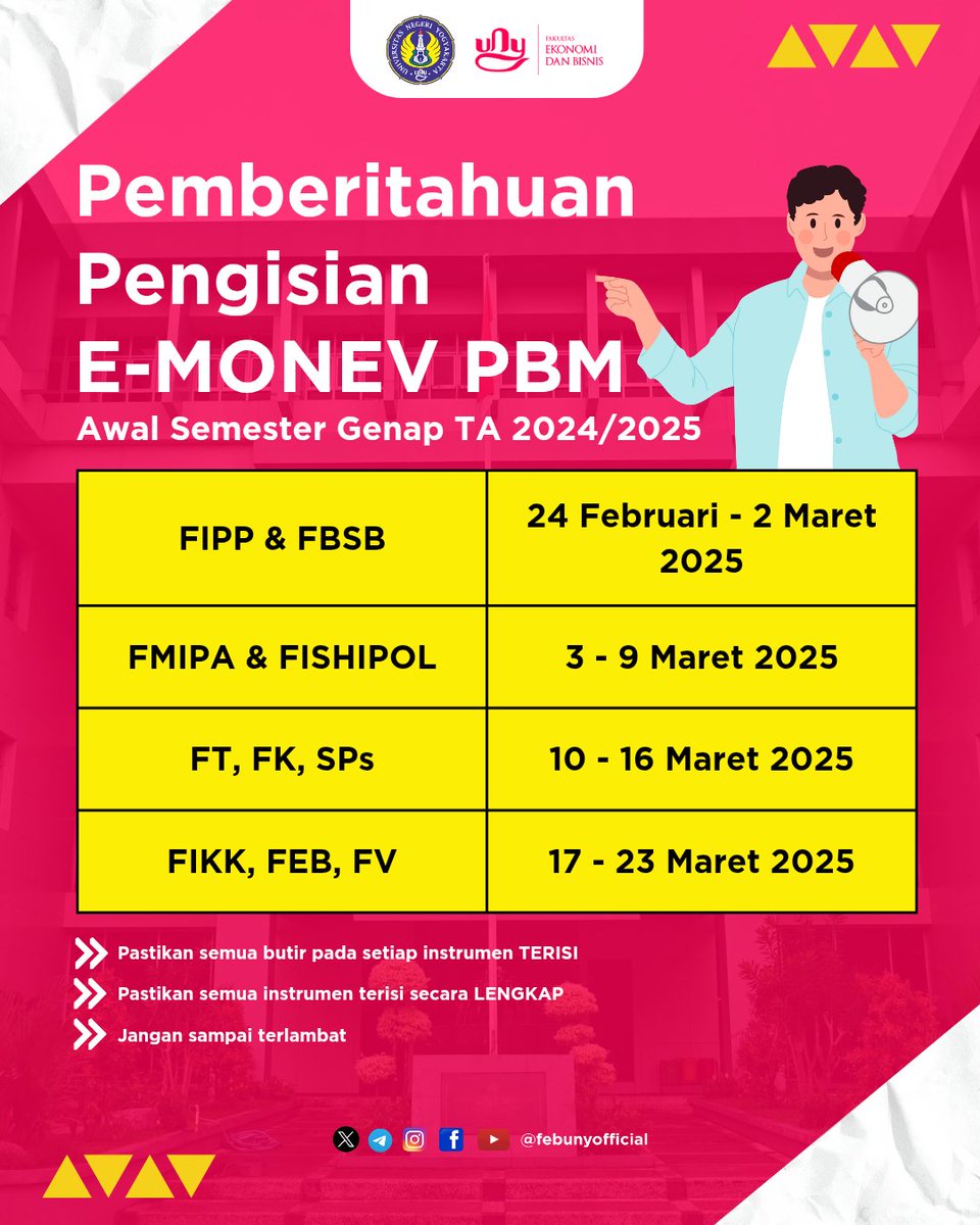febunyofficial's tweet photo. #SobatBright jangan lupa untuk selalu mengisi E-Monev PBM di awal dan akhir semester, ya, supaya nilai kamu diproses di akhir semester. Simak jadwalnya di info kali ini! Jangan sampai terlambat!

#FEBrief #FEBright #FEBUNY https://t.co/4g4D7zylSk