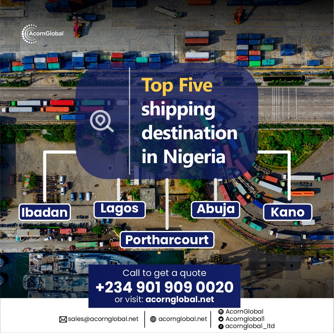 Need to ship goods across Nigeria? Here are our top 5 destinations:
1. Lagos
2. Abuja
3. Port Harcourt
4. Kano
5. Ibadan
Get fast, reliable, and affordable shipping services with AcornGlobal!
Sales@acornglobal.net
#Shipping #Nigeria #Logistics #AcornGlobal #ReliableShipping