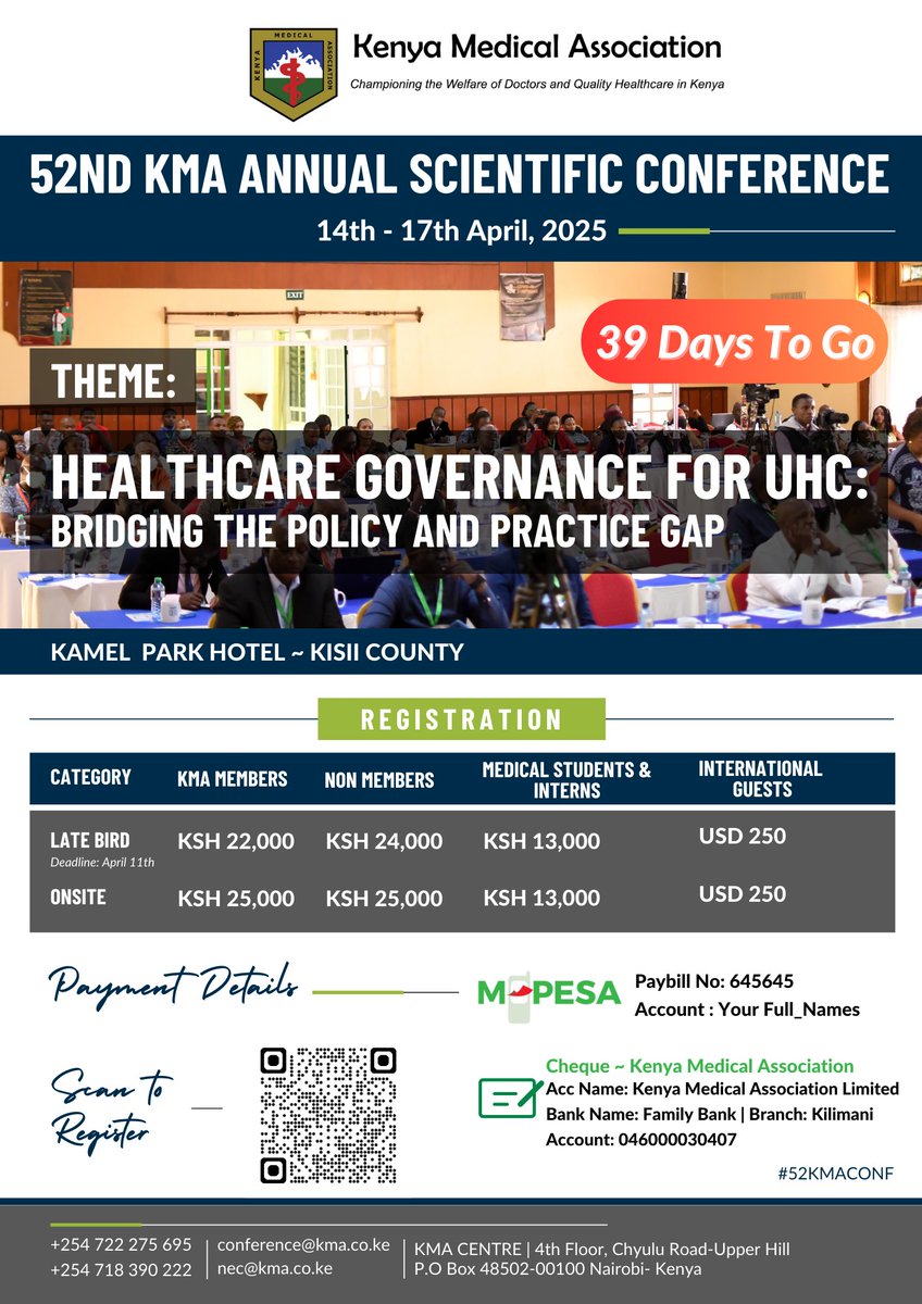 Missed Early Bird? Late Bird Registration is ON! The countdown to #52KMACONF has begun! Join top healthcare professionals in shaping the future of healthcare governance and policy. 

📅 Deadline: April 11th
📩 Register today: kma.co.ke/kma-conference…

secure your spot now!