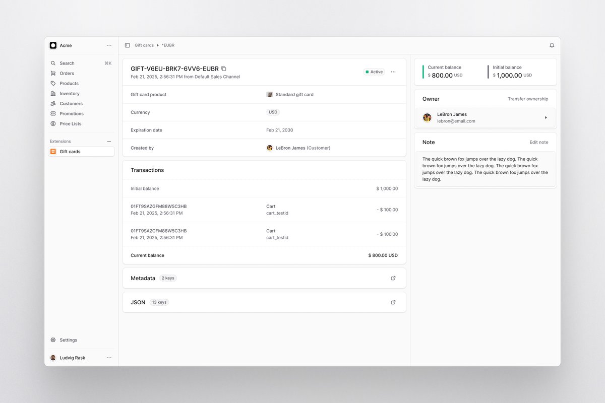 ludvigrask_'s tweet image. Gift card details page for @medusajs admin 🧹