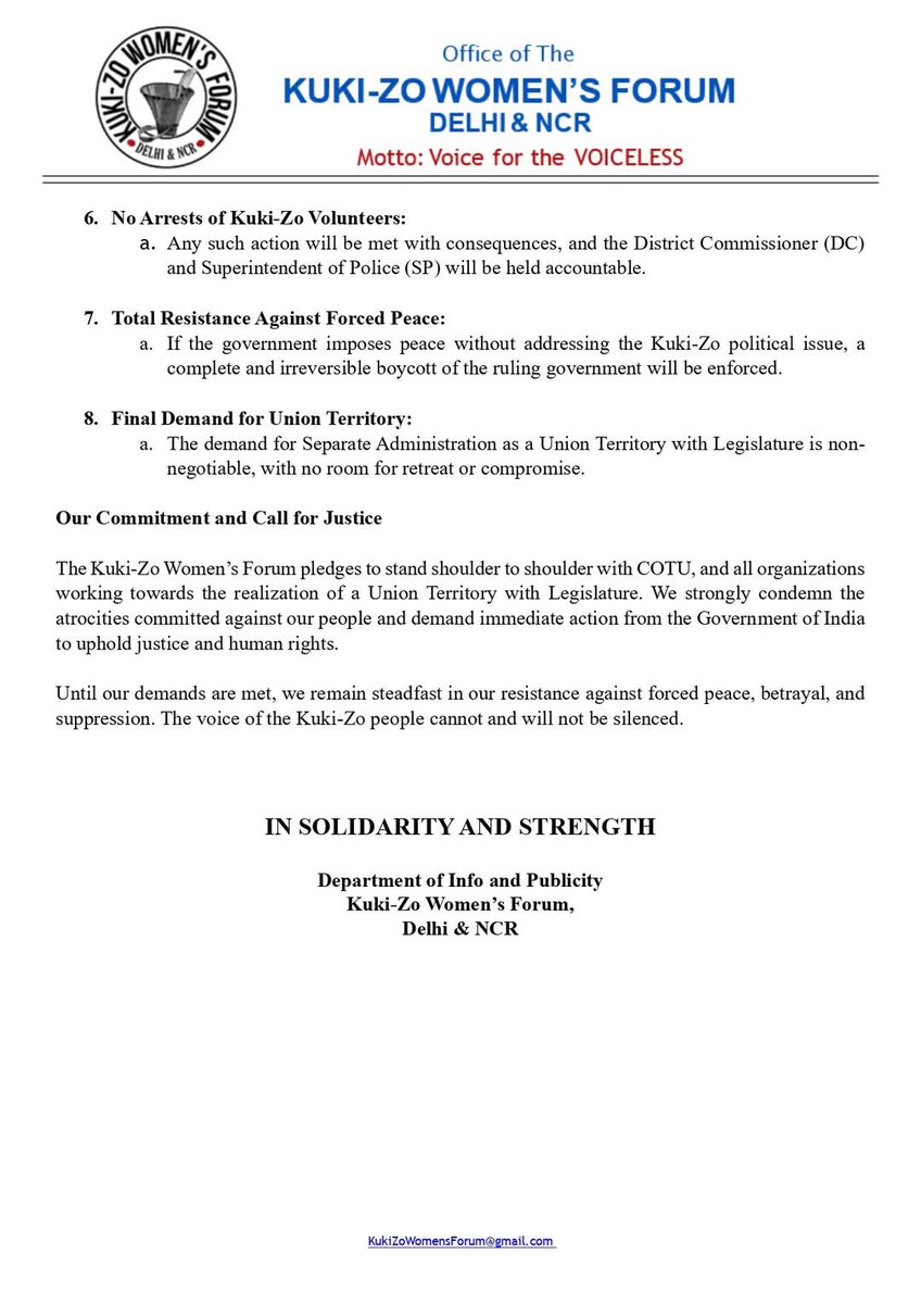 jon_suante's tweet photo. Statement by the Kuki-Zo Women's Forum Delhi &amp; NCR (KZWF) endorsing Committee On Tribal Unity's "Eight Point Declaration" https://t.co/NbnOoHufYG