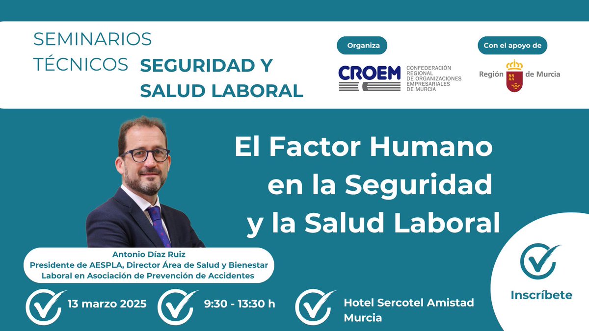 📢¡No te pierdas nuestro próximo Seminario Técnico “El Factor Humano en la Seguridad y la Salud Laboral”! 👩👨

📆13 de marzo de 2025
🕘 9:30h - 13:30h
📍Hotel Sercotel Amistad, #Murcia
👨‍🏫Antonio Díaz Ruiz. Presidente de <a href="/aesplaprl/">AESPLA</a> y Director de APA.

✏ acortar.link/nK6AWZ