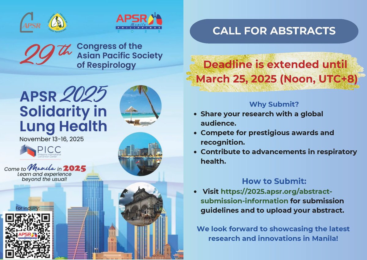 DocJohnChan's tweet image. 29th @APSRapsr in Manila.
Abstract submission is EXTENDED until March 25, 2025 (Noon, UTC+8)