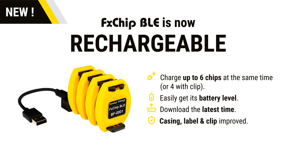 FxChip BLE is now rechargeable !
• Charge up to 6 chips at the same time.
• Download the latest time stored into your chip memory, on MyFreelap app.
• Get its battery level thanks to its led at the top.

Get yours ! : freelap.com/product/fxchip…