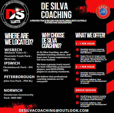 DeSilvaCoaching's tweet photo. WHAT can we offer? WHERE are we? WHY choose us?

At De Silva Coaching, we cover ALL age groups, with our locations spread across EAST ANGLIA.!

We offer 1 - 1, 2-1 and group sessions!

To book your session today, contact us at the following;

Email - desilvacoaching@outlook.com https://t.co/vhqU1lH7S6