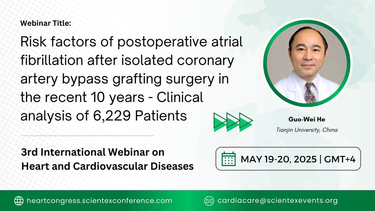 Kristina Pierce (@heartcongress25) on Twitter photo We are excited to announce that Guo-Wei He from Tianjin University, China will be presenting his research title at the upcoming 3rd Heart Webinar, scheduled on May 19-20, 2025 | GMT+4.
Visit: heartcongress.scientexconference.com/speakers/Guo-W…
#cardiologyconference #scientexconference #heartconference We are excited to announce that Guo-Wei He from Tianjin University, China will be presenting his research title at the upcoming 3rd Heart Webinar, scheduled on May 19-20, 2025 | GMT+4.
Visit: heartcongress.scientexconference.com/speakers/Guo-W…
#cardiologyconference #scientexconference #heartconference
