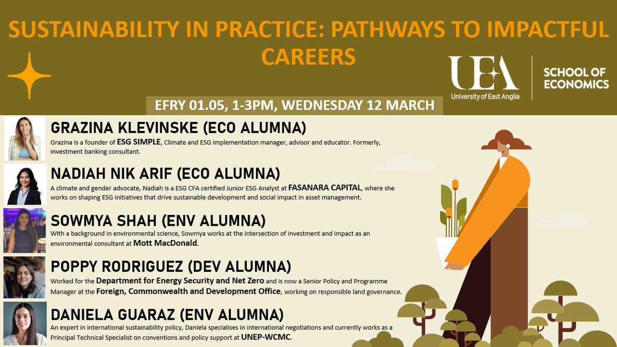 UEA Economics (@uea_economics) on Twitter photo Join us for our upcoming Spring Panel Event on ๐๐๐๐ง๐๐ฌ๐๐๐ฒ ๐๐๐ญ๐ก ๐๐๐ซ๐๐ก from 1-3pm in EFRY 01.05!
This event will feature an engaging panel discussion with our ECO alumni focused on careers in sustainability and policy.
We canโt wait to see you there! Join us for our upcoming Spring Panel Event on ๐๐๐๐ง๐๐ฌ๐๐๐ฒ ๐๐๐ญ๐ก ๐๐๐ซ๐๐ก from 1-3pm in EFRY 01.05!
This event will feature an engaging panel discussion with our ECO alumni focused on careers in sustainability and policy.
We canโt wait to see you there!