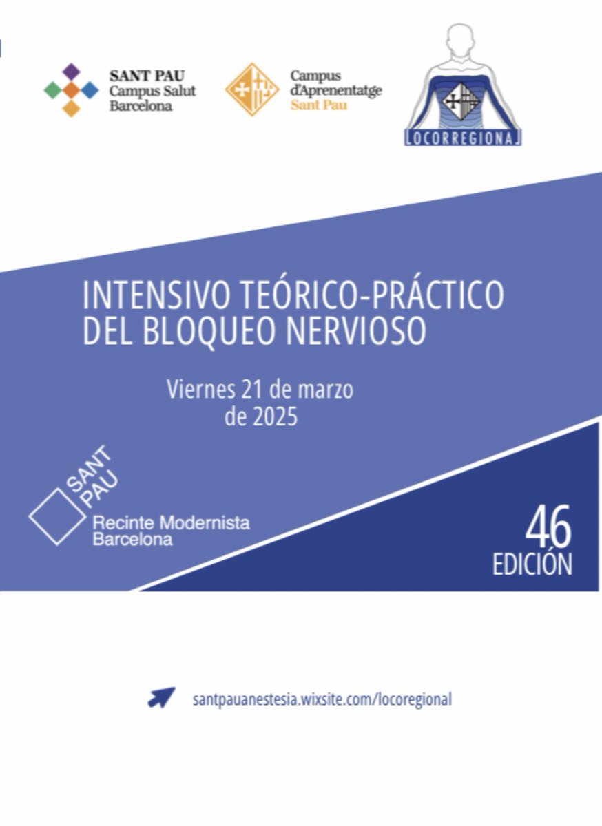 AnestesiaSantPau (@anestsantpau) on Twitter photo ÚLTIMAS PLAZAS ❗️Curso de Bloqueo Nervioso de <a href="/HospitalSantPau/">Sant Pau - Campus Salut Barcelona</a> ¿Te lo vas a perder? técnicas neuroaxiales ecoguiadas, manejo cirugía de raquis, mejorar habilidades con los talleres👌🏼
Inscríbete ahora. Te esperamos!
21/03/25, Recinto Modernista Sant Pau
lnkd.in/dqjTKHxm ÚLTIMAS PLAZAS ❗️Curso de Bloqueo Nervioso de <a href="/HospitalSantPau/">Sant Pau - Campus Salut Barcelona</a> ¿Te lo vas a perder? técnicas neuroaxiales ecoguiadas, manejo cirugía de raquis, mejorar habilidades con los talleres👌🏼
Inscríbete ahora. Te esperamos!
21/03/25, Recinto Modernista Sant Pau
lnkd.in/dqjTKHxm