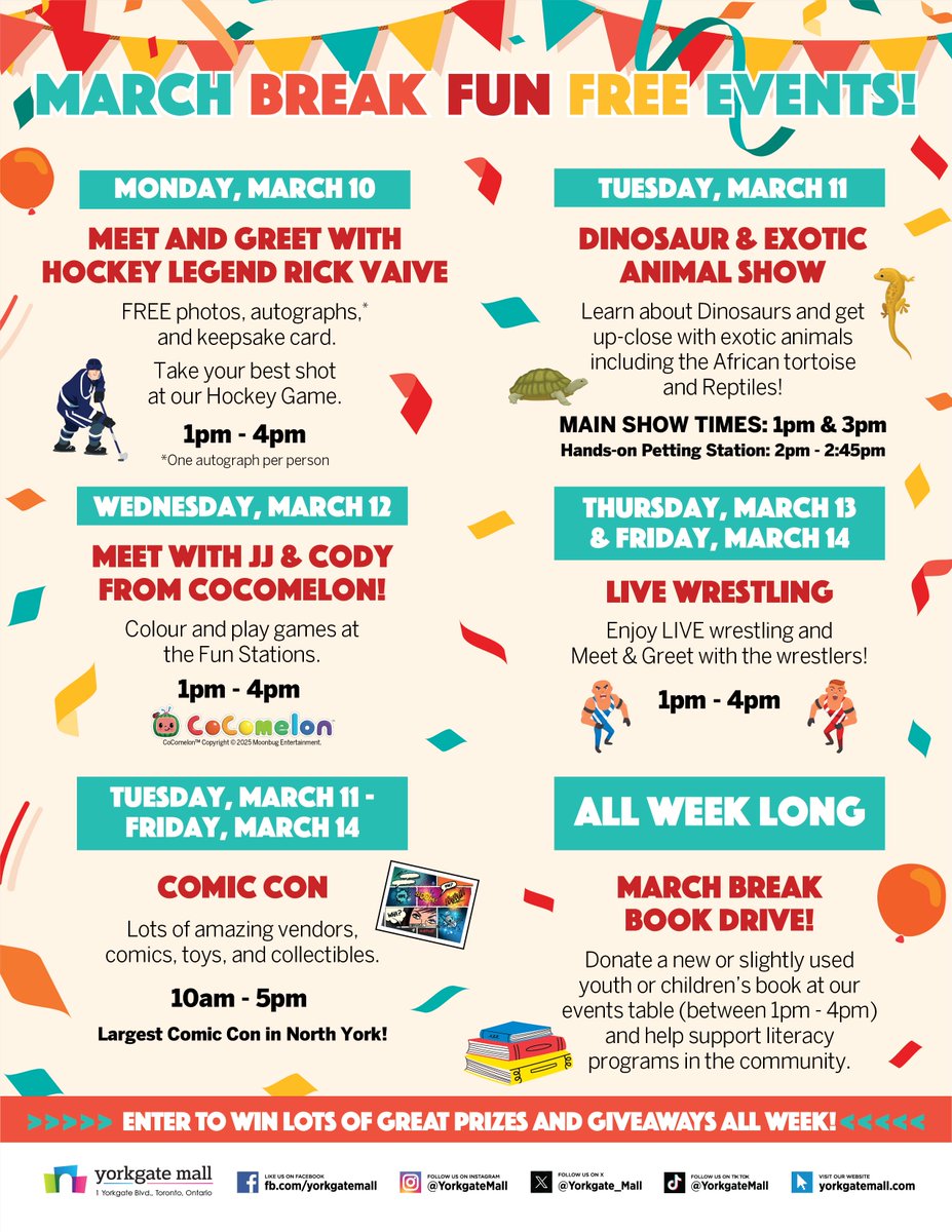 Downsview Advocate (@downsviewadv) on Twitter photo Join <a href="/yorkgate_mall/">Yorkgate Mall</a> for an exciting week of FREE March break activities!
🌟 Meet and Greets, animal show, live wrestling, and the largest Comic Con in North York!
📅 March 10 - 14
📍 Yorkgate Mall (in front of the Tim Hortons) Join <a href="/yorkgate_mall/">Yorkgate Mall</a> for an exciting week of FREE March break activities!
🌟 Meet and Greets, animal show, live wrestling, and the largest Comic Con in North York!
📅 March 10 - 14
📍 Yorkgate Mall (in front of the Tim Hortons)