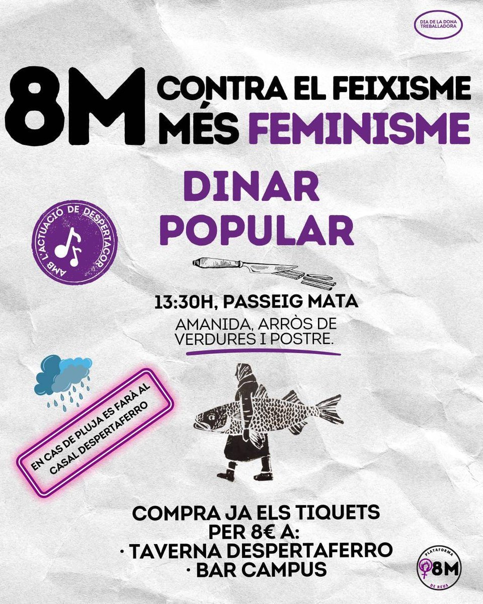 DeixaDeSerUnailla - CGT Ensenyament Camp de TGN (@deixadeserilla) on Twitter photo 🟣 #8M al #CampdeTarragona
A #Reus farem concentració al Mercadal a les 11:30h, després anirem al Passeig Mata a parlar sobre la lluita contra el desmantellament dels serveis públics i dinar popular!
A les 18h, manifestació a #Tarragona a Imperial Tarraco
<a href="/Plataforma8M/">Plataforma Feminista del Camp</a> 🟣 #8M al #CampdeTarragona
A #Reus farem concentració al Mercadal a les 11:30h, després anirem al Passeig Mata a parlar sobre la lluita contra el desmantellament dels serveis públics i dinar popular!
A les 18h, manifestació a #Tarragona a Imperial Tarraco
<a href="/Plataforma8M/">Plataforma Feminista del Camp</a>