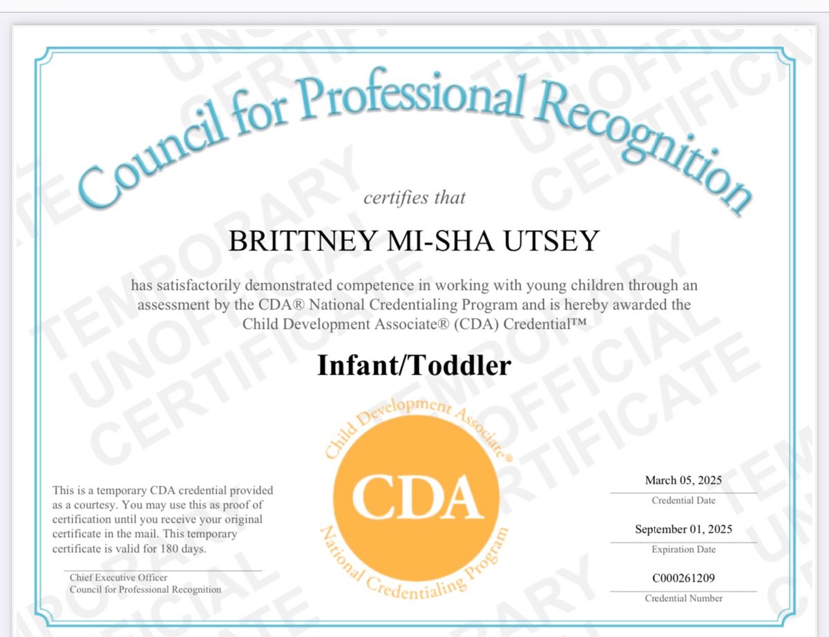 Congratulations, Brittney! 🎉🎉

Join us in celebrating Brittney’s accomplishment—this is just the beginning of an amazing journey!

#Congratulations #CDA #EarlyChildhoodEducation #ProudMoment