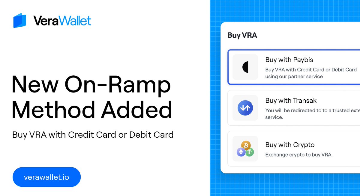 New On-Ramp Added to VeraWallet ⚡

We’ve expanded our FIAT on-ramp options, making it easier than ever to buy $VRA directly through VeraWallet!

Powered by <a href="/paybis/">Paybis</a>, you can now purchase $VRA using:

💳 Credit &amp; Debit cards
💰 Revolut Pay
🏦 SWIFT bank transfer
…and more!

Just