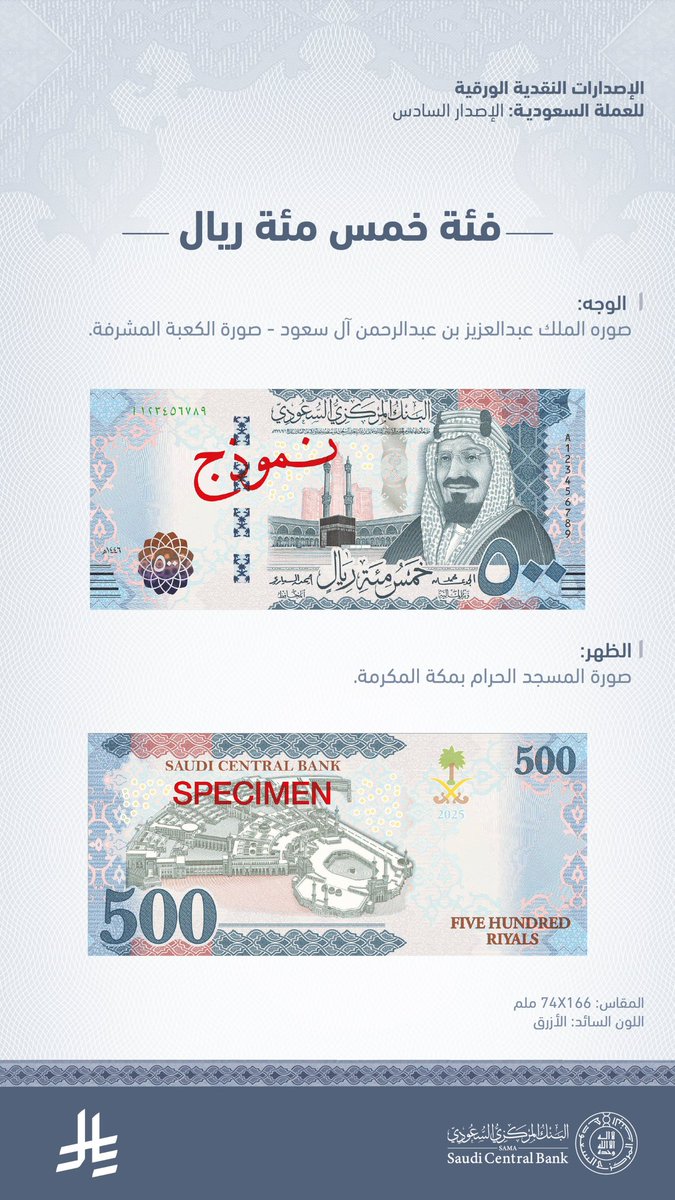 فئة 500 ريال في الإصدار السادس من العملة الوطنية.

-