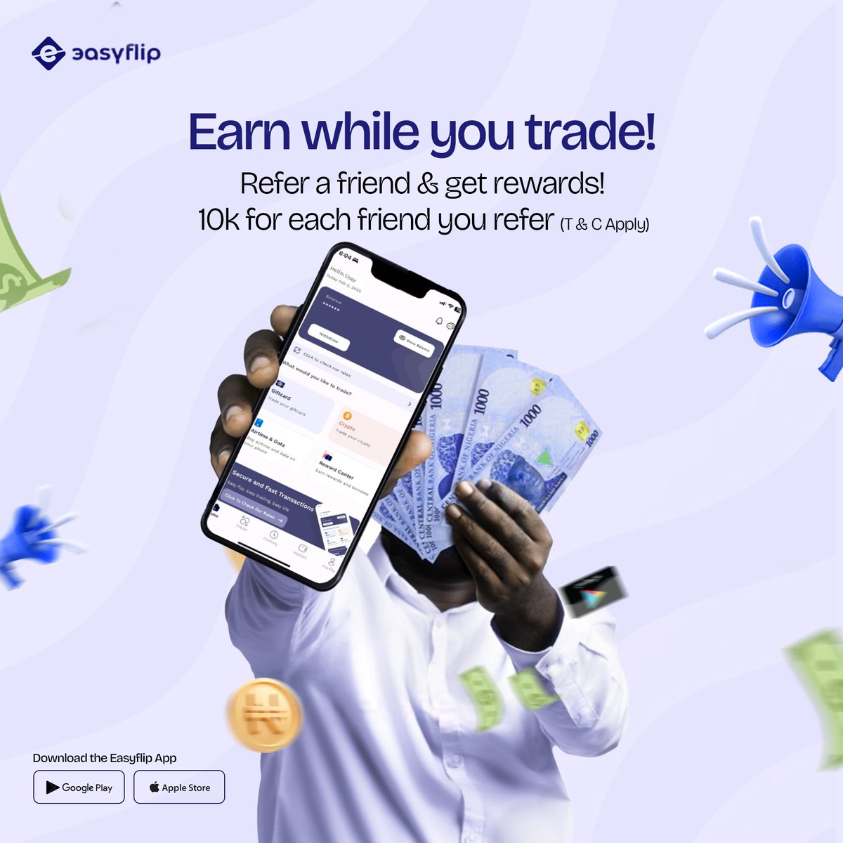 Easyflip_NG's tweet photo. What's better than earning extra while trading?π Refer your friend(s) and get 10k for each referral when they trade upto $1000. Don't dull, download app and start referring your friends now!
#Crypto #CryptoNews #Easyflip https://t.co/huN6JfqWB9