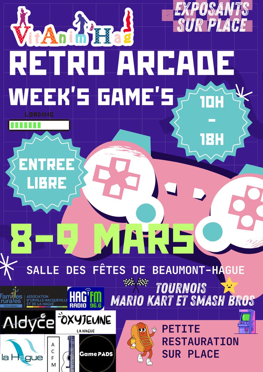 Nous vous invitons à Retro Arcade qui aura lieu les 8 et 9 mars de 10h à 18h à la salle des fêtes de Beaumont-Hague. Une 8ème édition organisée par VitAnim'hag avec des tournois, du rétro gaming et de la bonne humeur!