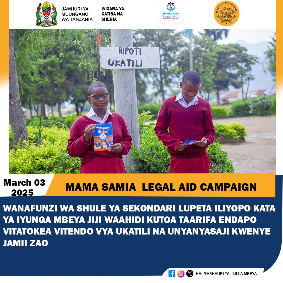 <a href="/sisiniTanzania/">SISI NI TANZANIA</a> Mama Samia Legal aid campaign inaendeleaaa kutoa msaada kwa wananchi bure kabisa.
#sisinitanzania #sisindiowajenziwataifaletu #katibanasheria #MSLAC #SSH #kaziiendelee