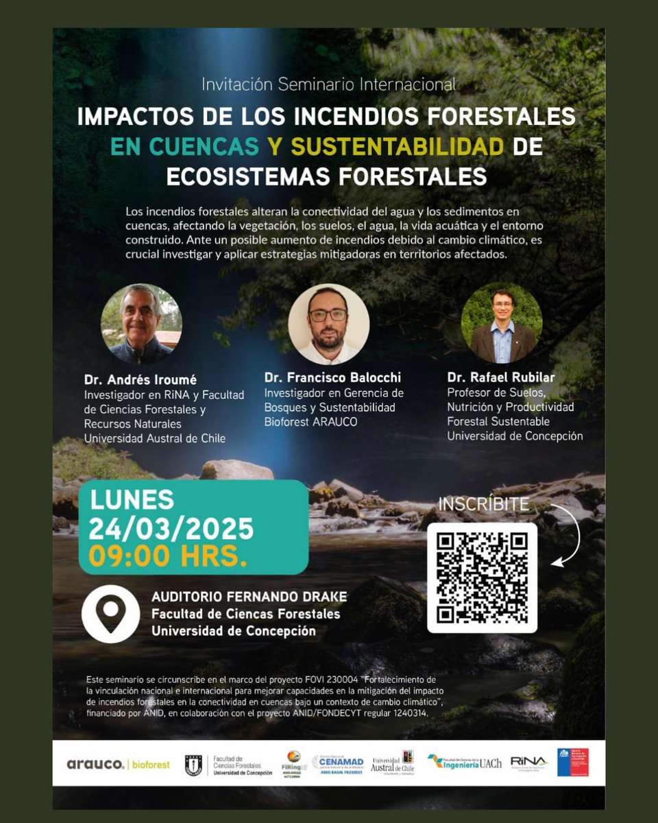 Invitación Seminario Internacional: "Impactos de los incendios forestales en cuencas y sustentabilidad de ecosistemas forestales"
Link inscripción: forms.gle/rP29eRcgsryhzj…