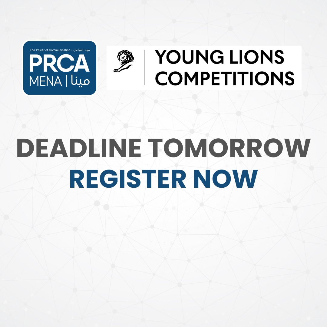 PRCA_MENA's tweet photo. 🚨 Closing Tomorrow ⏳

PR’s rising stars—this is your final chance to compete in the PRCA Mena Young Lions PR Competition 2025! 🦁🔥

⏳ Deadline: TOMORROW, 6 March 2025, 17:00 GST

Register now: https://t.co/NSWjSzmtX2

#PRCAMena #YoungLions #CannesLions #PR #Competition https://t.co/K3mXoUq5WD
