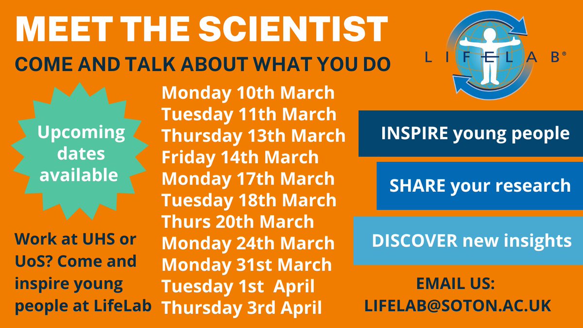 LifeLab (@lifelabsoton) on Twitter photo Work in health research at <a href="/UHSFT/">University Hospital Southampton 💙</a> or <a href="/unisouthampton/">University of Southampton</a>?
Available 11.30am -12noon on these dates?
Come and talk about what you do at LifeLab, and inspire the next generation of scientists and researchers 🤩 Work in health research at <a href="/UHSFT/">University Hospital Southampton 💙</a> or <a href="/unisouthampton/">University of Southampton</a>?
Available 11.30am -12noon on these dates?
Come and talk about what you do at LifeLab, and inspire the next generation of scientists and researchers 🤩