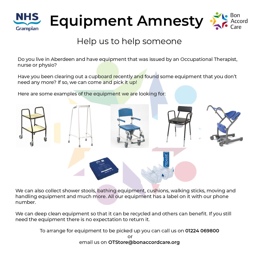 Do you live in Aberdeen and have equipment that was issued by an Occupational Therapist, Nurse or Physio?🦽 

We can deep clean our equipment so that it can be recycled and others can benefit from it if you no longer require it.

Get in touch today on 01224 069800 💜