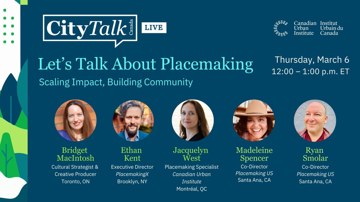 Let’s Talk About #Placemaking: Scaling Impact, Building Community — #CityTalk | Live by <a href="/CANURB/">Canadian Urban Institute</a> &amp; <a href="/rowemw/">Mary W Rowe</a> with <a href="/bridgetannmac/">Bridget MacIntosh</a> <a href="/ebkent/">Ethan Kent</a> <a href="/placemakingus/">PlacemakingUS</a> <a href="/SophiaOmega1/">Madeleine</a>

Virtual. Thursday at noon EST.

Info &amp; free registration: us06web.zoom.us/webinar/regist…

#PlacemakingCanada <a href="/place_canada/">Placemaking Canada</a>