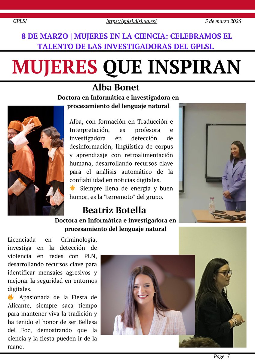 💜 8 de marzo #DíaInternacionalDeLaMujer
Hoy <a href="/beabotellagil/">Beatriz Botella Gil</a> , criminóloga, investiga la violencia en redes con PLN . 
<a href="/albabonetj/">Alba Bonet</a> , profesora e investigadora en detección de desinformación .
📢 Conoce más sobre las investigadoras del #gplsi 
#gplsi8M