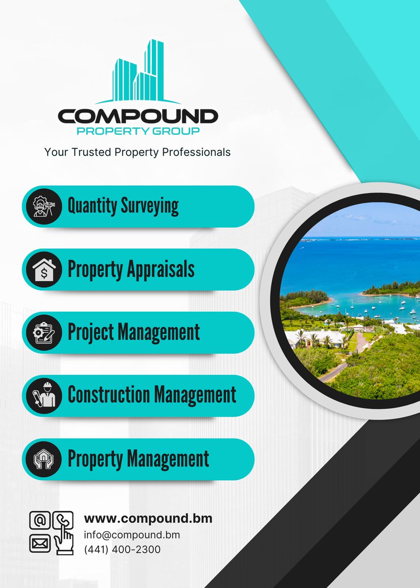 CompoundBM's tweet image. Affordable, expert property services in Bermuda. 🏡💼 Compound offers quality quantity surveying and valuation to help you make informed real estate decisions—without the high price. 📊✨ #CompoundBermuda