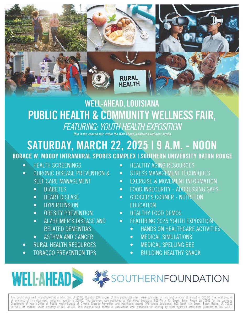 Join us March 22 for the second Well-Ahead Louisiana Public Health and Community Wellness Fair.

📅 Saturday, March 22
⏰ 9 a.m. to noon
📍 Horace W. Moody Intramural Sports Complex (on the campus of Southern University Baton Rouge)
🔗buff.ly/4gMkUNi