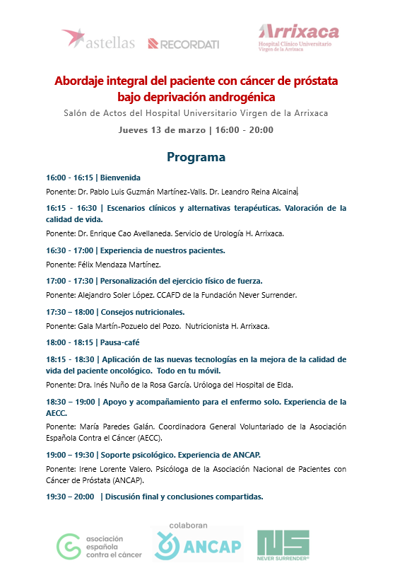 👥👥El jueves que viene tenemos en el salón de actos Arrixaca una tarde preciosa dedicada al cancer.
Pacientes, asociaciones y profesionales de distintas disciplinas. <a href="/fneversurrender/">Fundación Never Surrender</a> <a href="/ContraCancerMUR/">Asociación Española Contra el Cáncer Reg. Murcia</a> 
🚶🏽Sin inscripción!!

Para mas info escribe a 📩enriquecao@hotmail.com