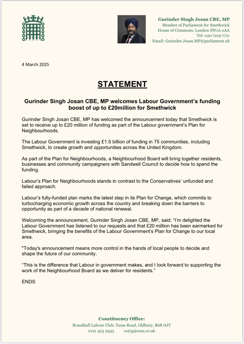 The <a href="/UKLabour/">The Labour Party</a> Government has announced £20 million allocated to Smethwick, over the next 10 years.

I look forward to working with the Neighbourhood Board in partnership with <a href="/sandwellcouncil/">Sandwell Council</a> and other partners to deliver for our community.